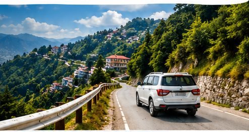 Car driving the winding hill road to Mussoorie